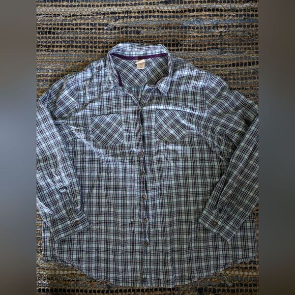 Oversized Plaid Flannel Purple & Teal Blue L/S Button 2 Granola Earth Girl - Picture 2 of 7